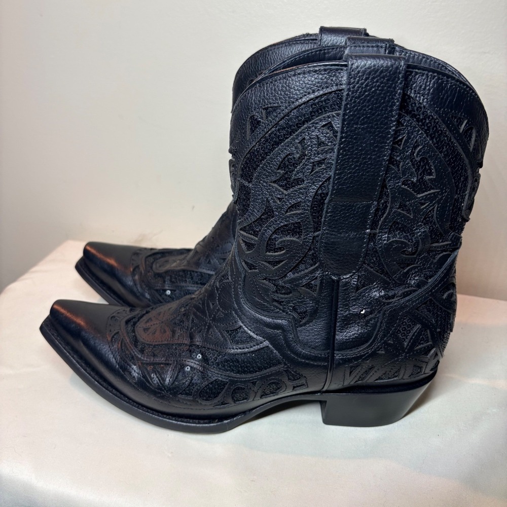 JB Dillon Black Leather Laser‎ Cut Sequin Western Cowboy Boots JBRP2017B 12B